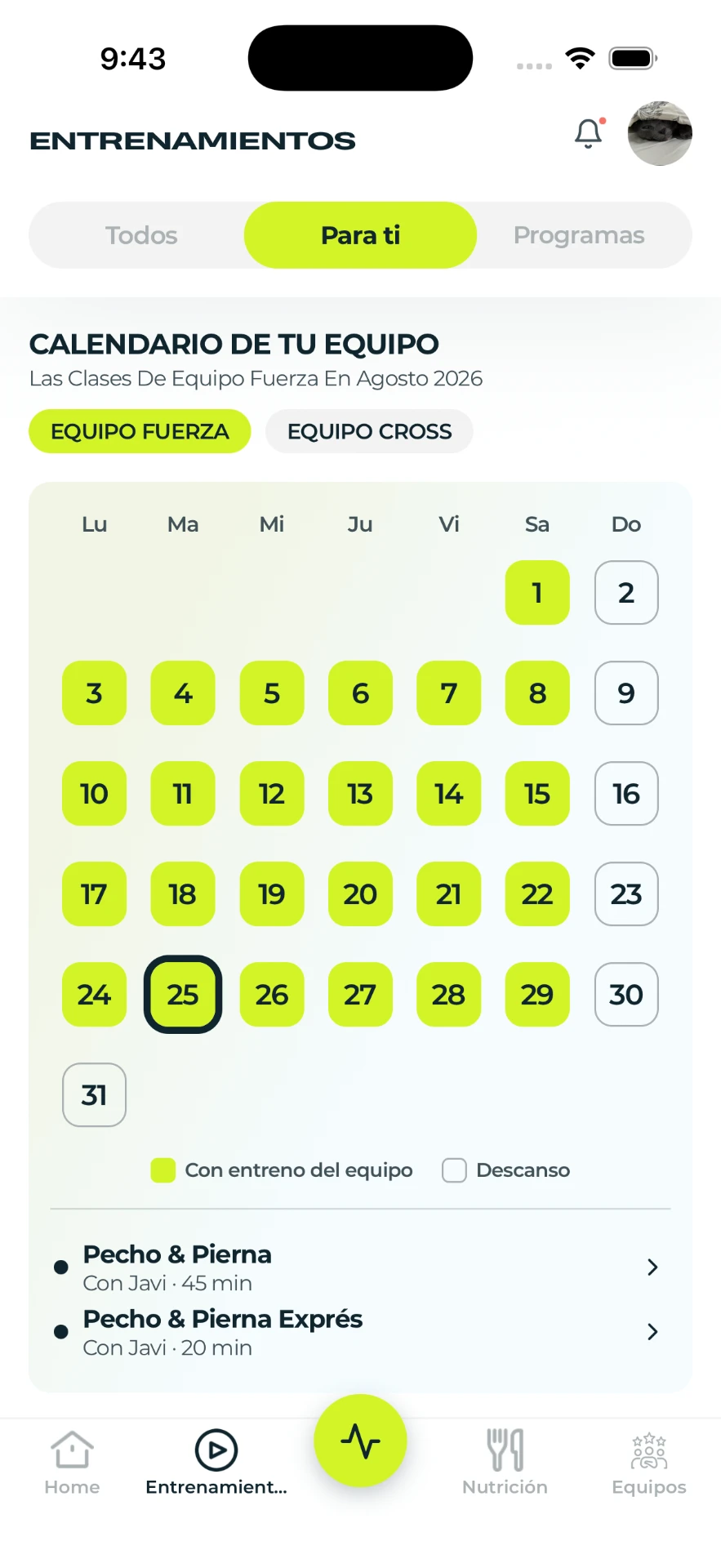 Calendario semanal del Programa Longevidad con el entrenamiento de cada día