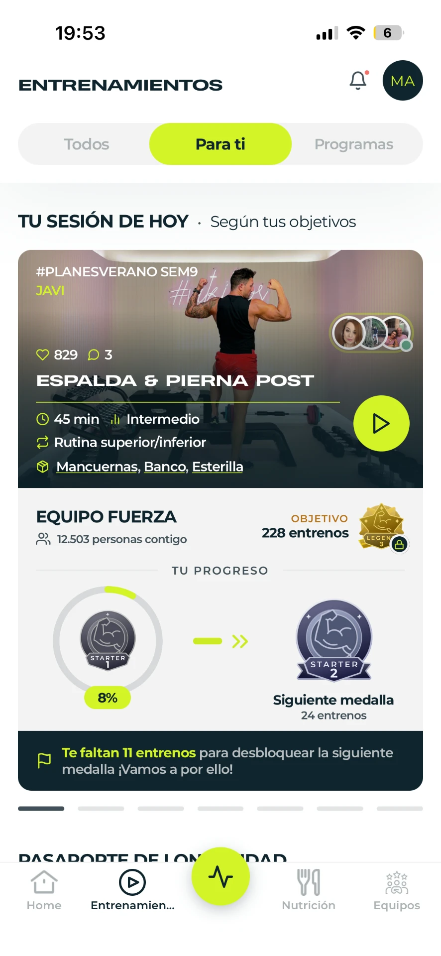 Pantalla del entrenamiento de hoy ya preparado al abrir la app